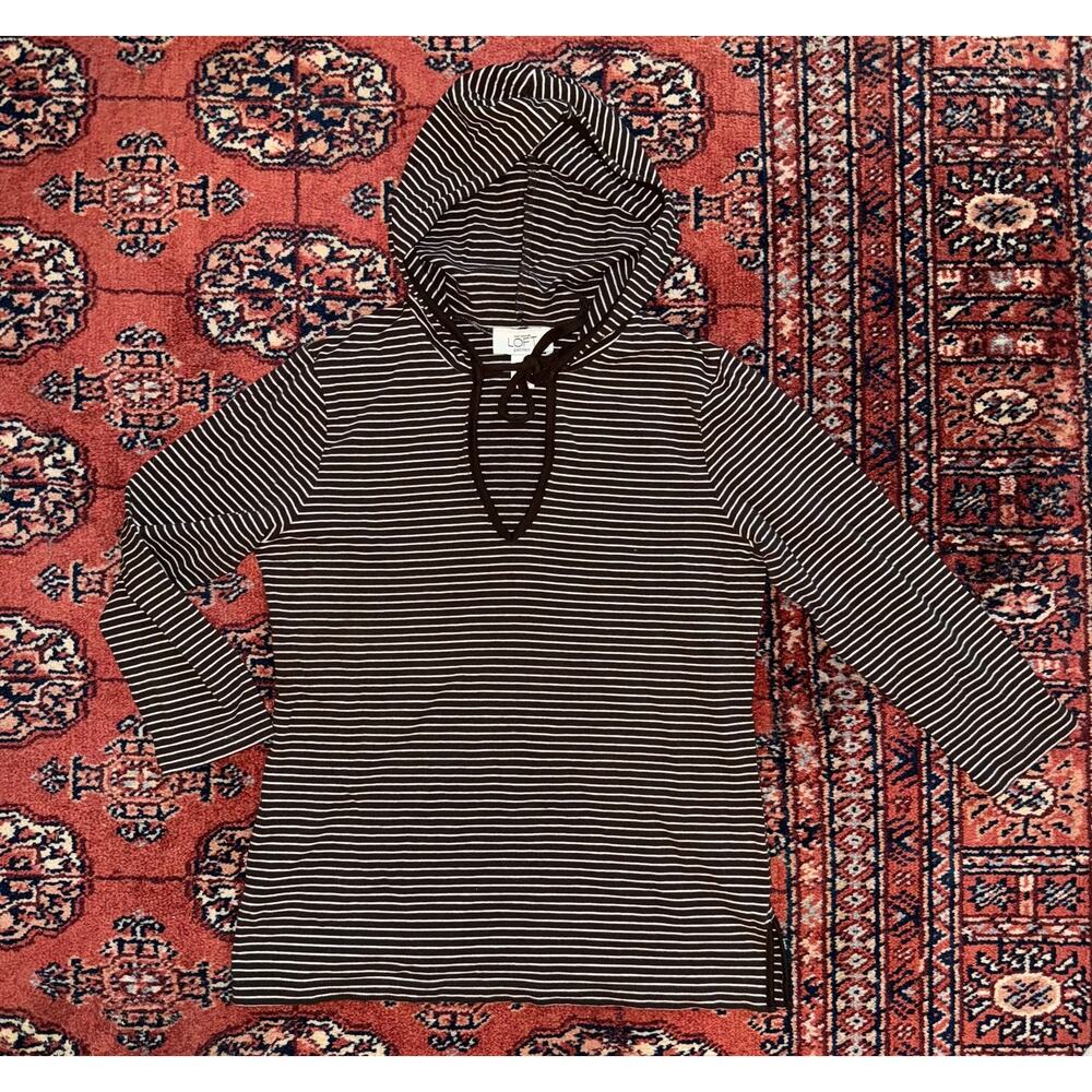 Ann Taylor LOFT PM Brown/Cream Striped Hoodie Soft Knit T-Shirt‎